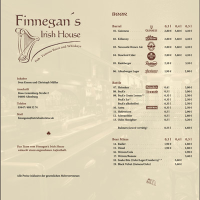 Speisekarte Finnegans Inhaltsseite